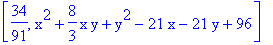 [34/91, x^2+8/3*x*y+y^2-21*x-21*y+96]